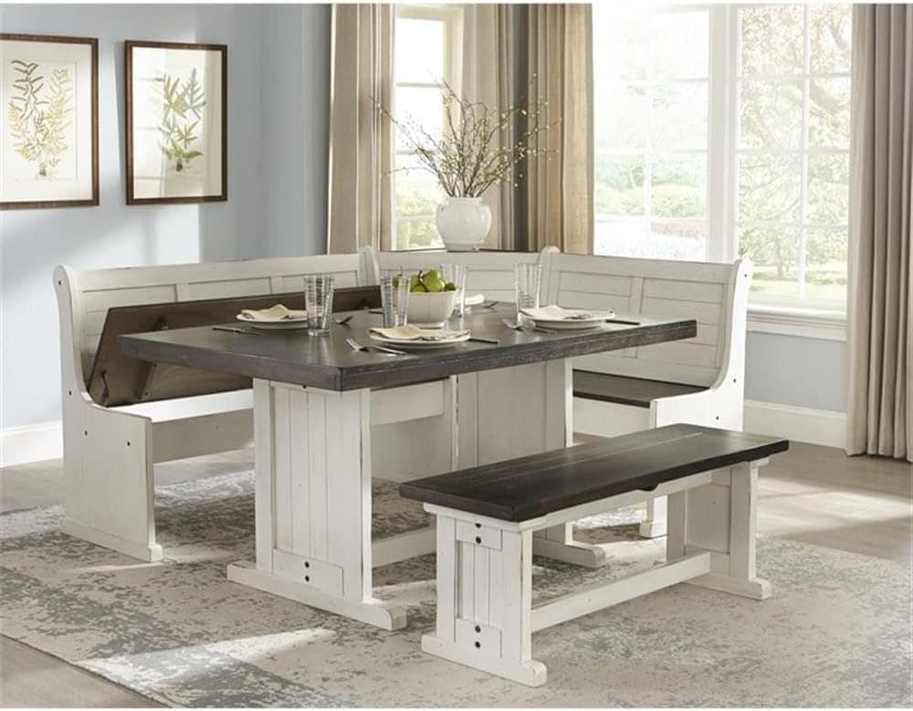 Pemberly Row Farmhouse Wood Kitchen Corner Breakfast Dining Nook Set with Hidden Storage in Off White Dark Brown