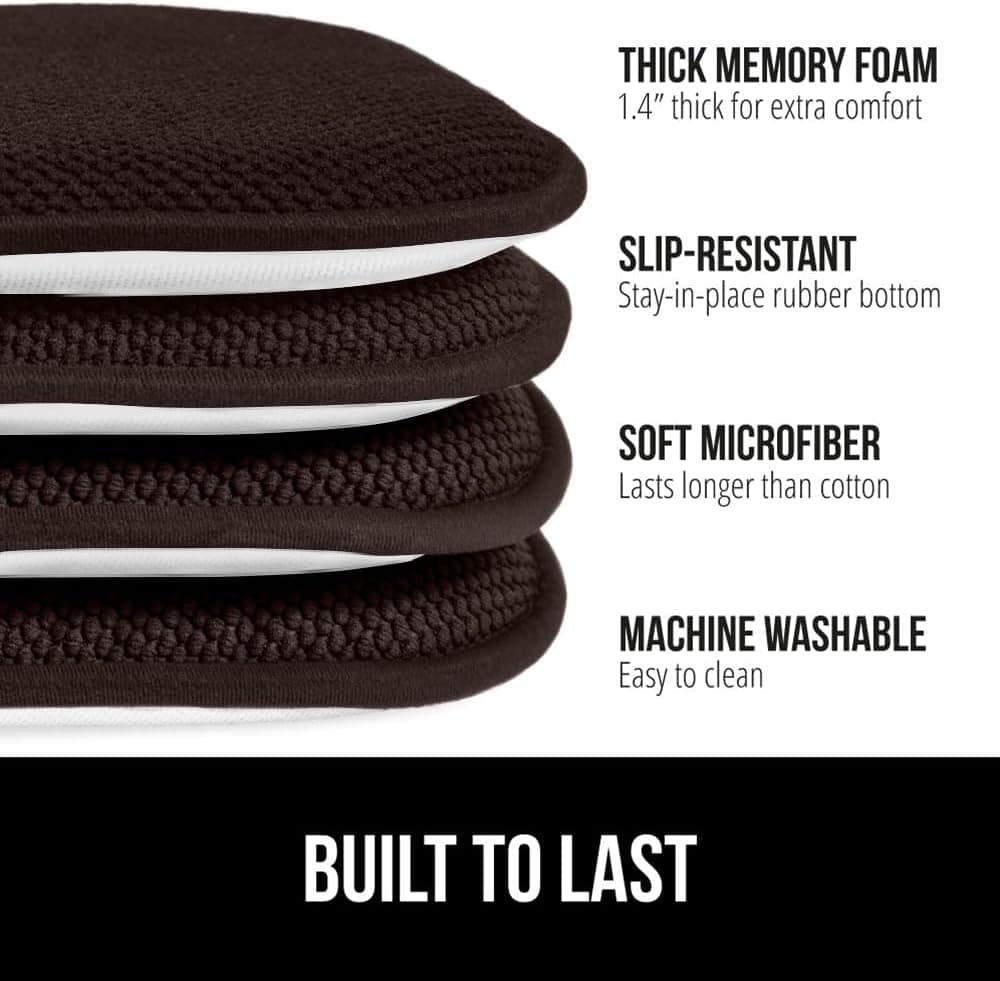 Gorilla Grip Chair Cushions, Set of 4, 16×16, Memory Foam Pads for Dining Room, Kitchen Table, Office Desk, Rocking Chairs, Stay in Place Backing, Comfortable Microfiber Seat Cover Pad Cushion, Brown