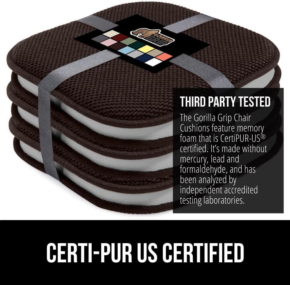 Gorilla Grip Chair Cushions, Set of 4, 16×16, Memory Foam Pads for Dining Room, Kitchen Table, Office Desk, Rocking Chairs, Stay in Place Backing, Comfortable Microfiber Seat Cover Pad Cushion, Brown