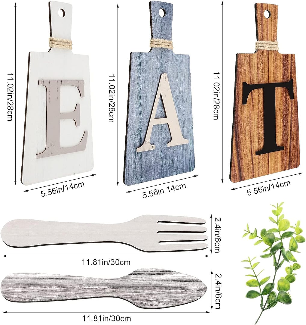 Jetec Cutting Board Eat Sign Set Hanging Art Kitchen Eat Sign Fork and Spoon Wall Decor Rustic Primitive Country Farmhouse Kitchen Decor for Home Decoration(Gray, White, Brown)