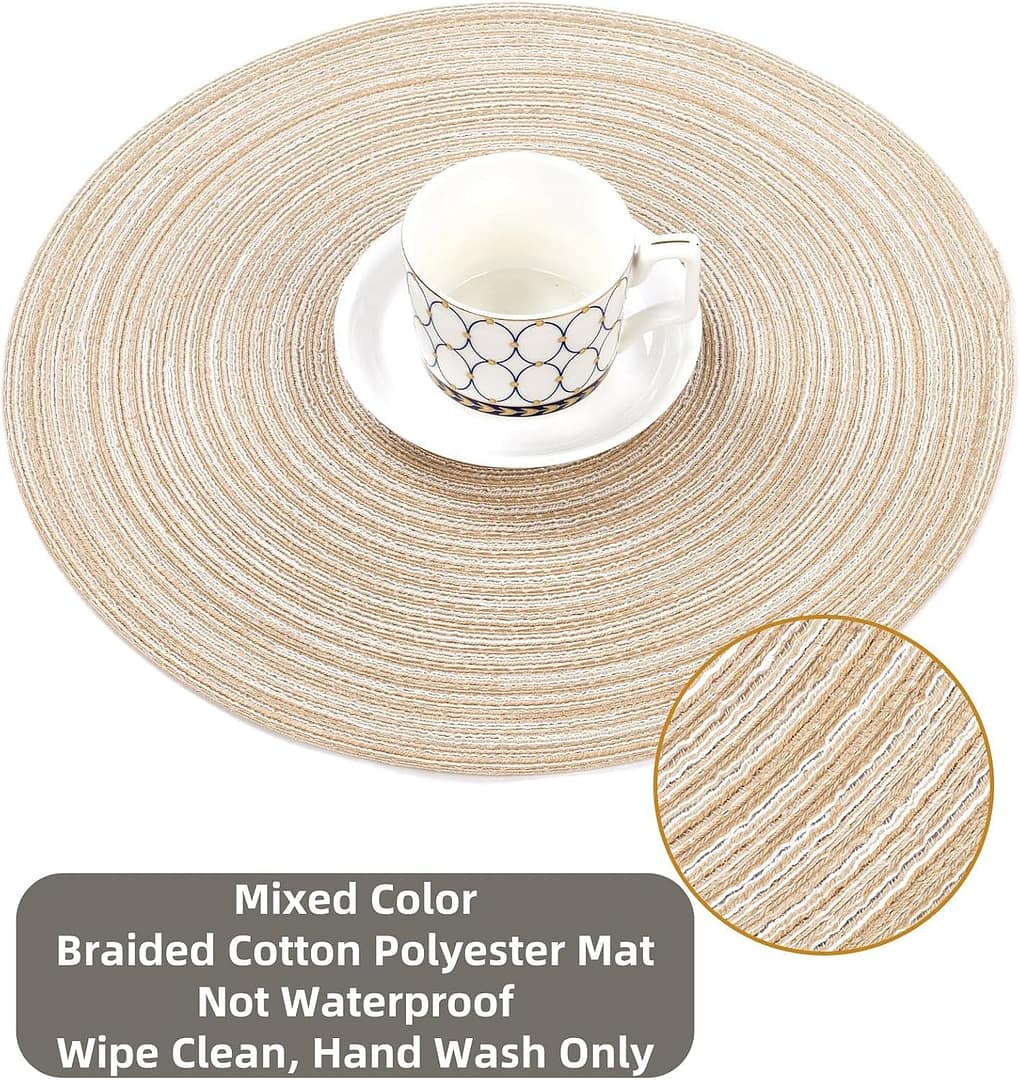 SHACOS 15 inch Round Braided Placemats Set of 6 Non Slip Heat Resistant Round Table Mats Washable Place Mats for Dinner Party Table Decoration (Beige, 6)
