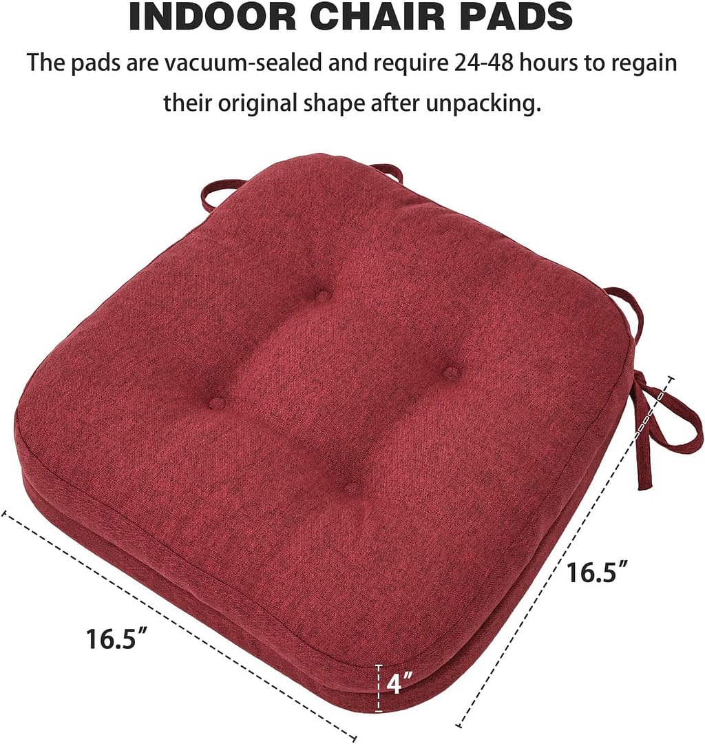 baibu Set of 6 Dining Chair Cushions, Dual-Layer Patent Design Memory Foam Kitchen Chair Cushions, Non-Slip Seat Pads with Ties, 16.5 x 16.5 x 3.5in, 6 Pack, Red