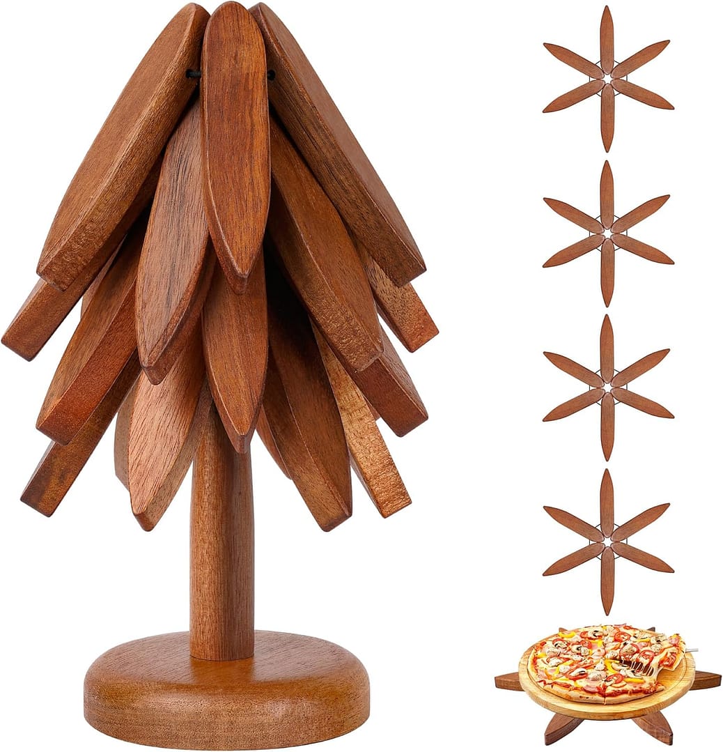 Tree Trivet Set - Foldable Wooden Tree Trivets for Hot Dishes, Set of 4 Heat-Resistant Coasters with Stand, Decorative Wooden Trivet Tree for Kitchen and Dining