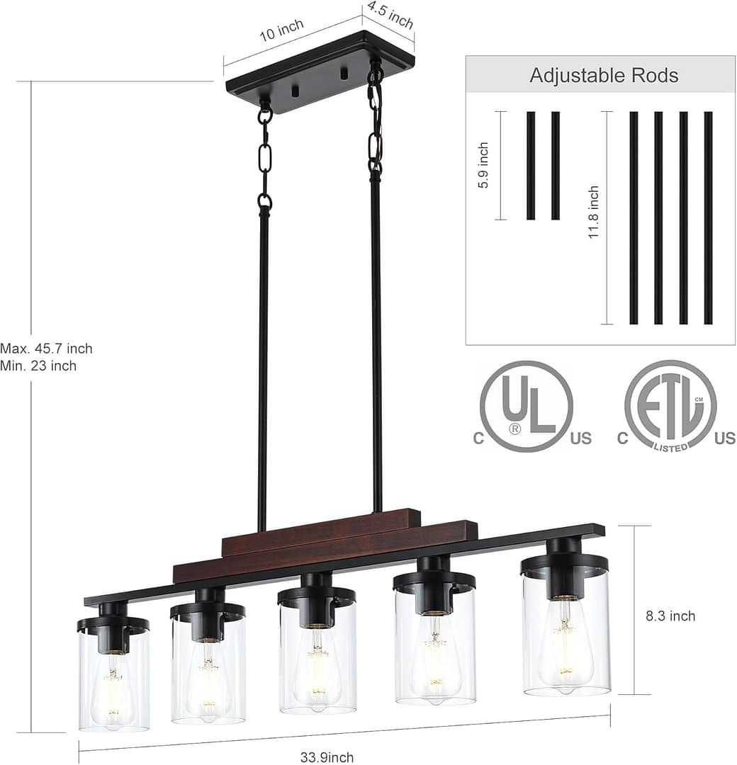 Dining Room Light Fixture/Chandelier Over Table,5-Light Kitchen Island Lighting Hanging for Farmhouse Linear Chandeliers Matte Black Rustic Wood Ceiling Pendant Light Fixtures with Clear Glass Shade