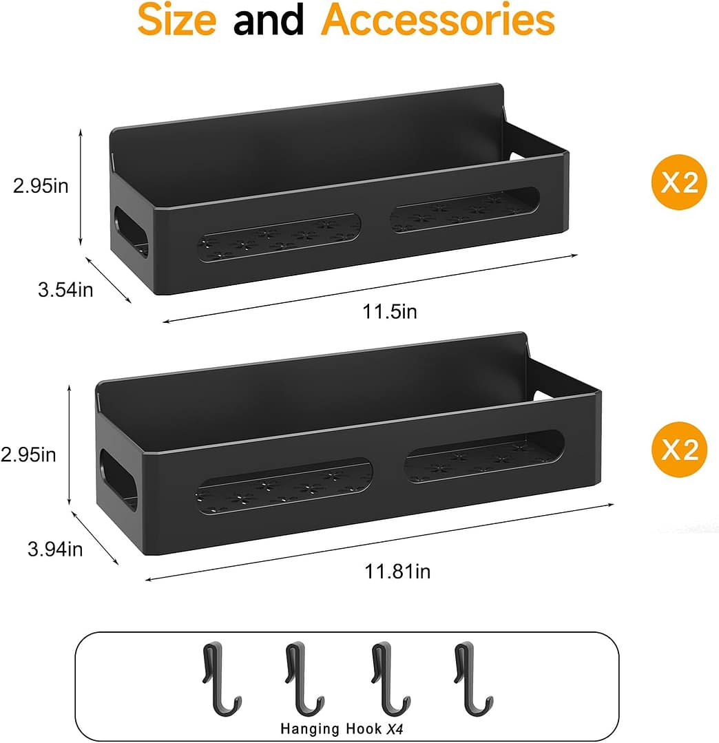 4 Pack Magnetic Spice Rack for Refrigerator, Spice Rack Organizer, Moveable Magnetic Shelf Fridge Organizer with 4 Hooks for Kitchen and Oven Organization, Black