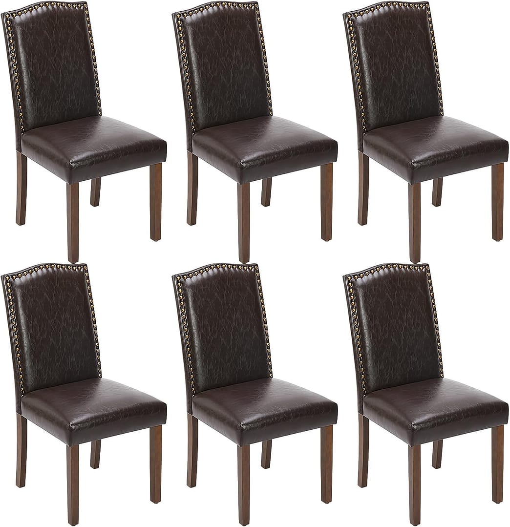 Sweetcrispy Dining Chairs Set of 6, Upholstered Leather Kitchen Room Chairs Mid Century Modern High-End Dining Room Side Chairs with Nailhead Trim and Wood Legs for Bedroom, Living Room, Brown