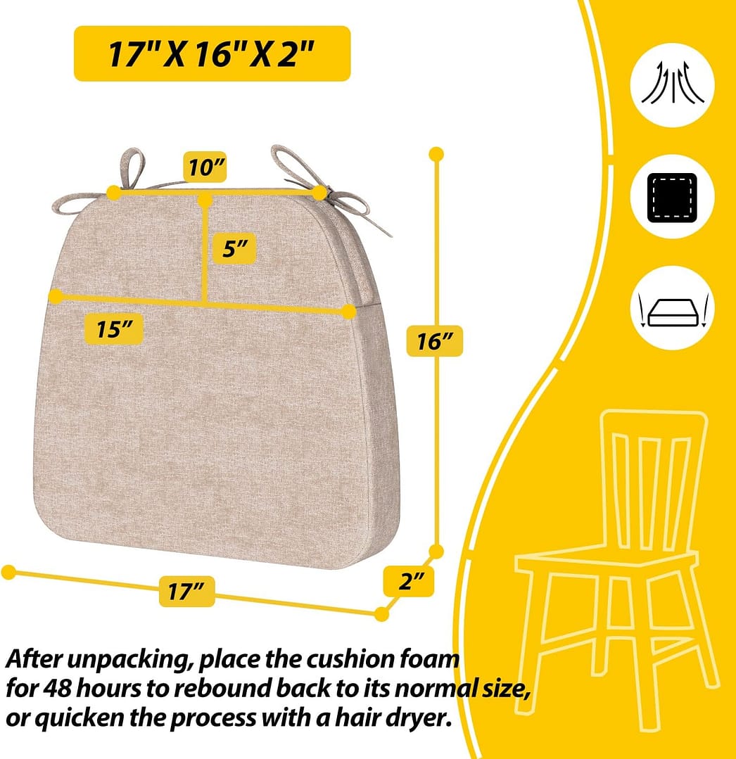 AAAAAcessories D-Shaped Chair Cushions for Dining Chairs with Ties and Removable Cover, 2” Thick Dining Kitchen Chair Pads, Indoor Dining Room Chair Cushions, 17” x 16”, 6 Pack, Beige