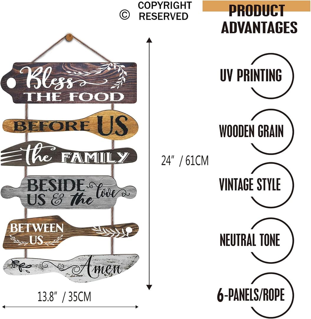 Bless the Food Before Us Farmhouse Kitchen Wall Decor – Dining Room Decorations Collage Wall Art in Neutral Grey Color – Wooden Rustic 6pcs Roped Sign 25×14 Inches Vertical