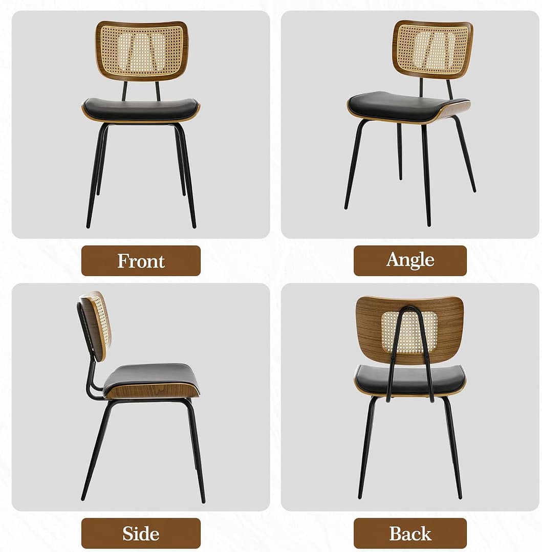 Black Dining Chairs Set of 4, Faux Leather Dining Chairs with Rattan Back, Mid Century Dining Room Chairs with Metal Legs, Modern Upholstered Armless Kitchen Side Chairs for Dinner