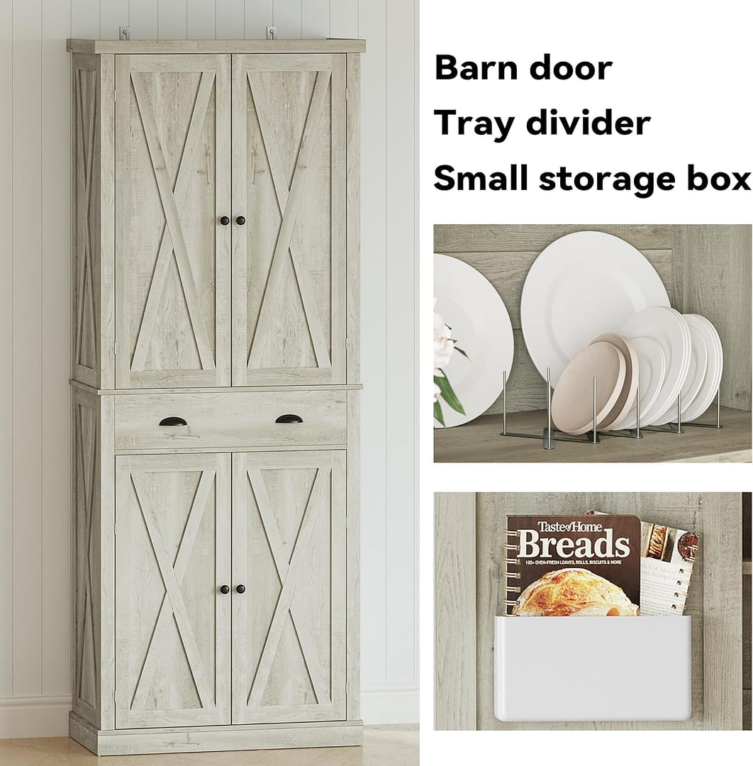 IRONCK Kitchen Pantry Storage Cabinet 83.9″ H, with Barn Doors, Drawer, 4 Adjustable Shelves, Freestanding Cupboard for Dining Room Living Room, Laundry, Rustic Maple
