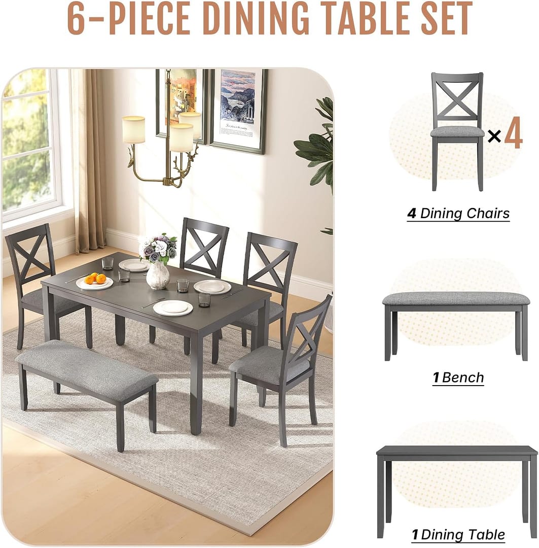 6-Piece Wooden Dining Table Set, Dining Table Set for 6, Including 1 Dining Table, 4 Upholstered Chairs and 1 Bench, Wooden Legs Dining Table, Table Set for Dining Room, Grey