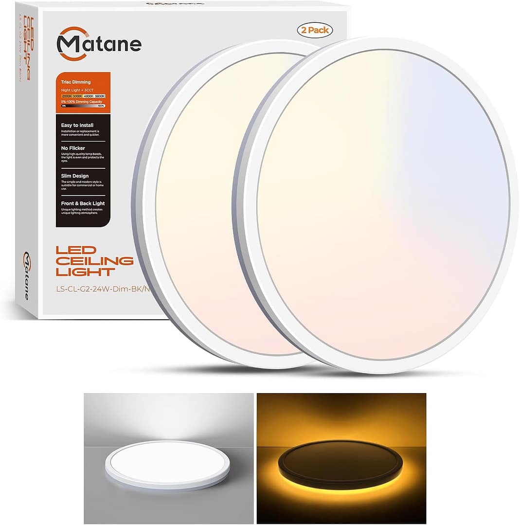 Matane 2Pack LED Flush Mount Ceiling Light Fixture with Night Light, 12inch 24W 2400LM 3000K/4000K/5000K Selectable, Dimmable LED Ceiling Lights for Bedroom, Dining Room, Kitchen, Round White