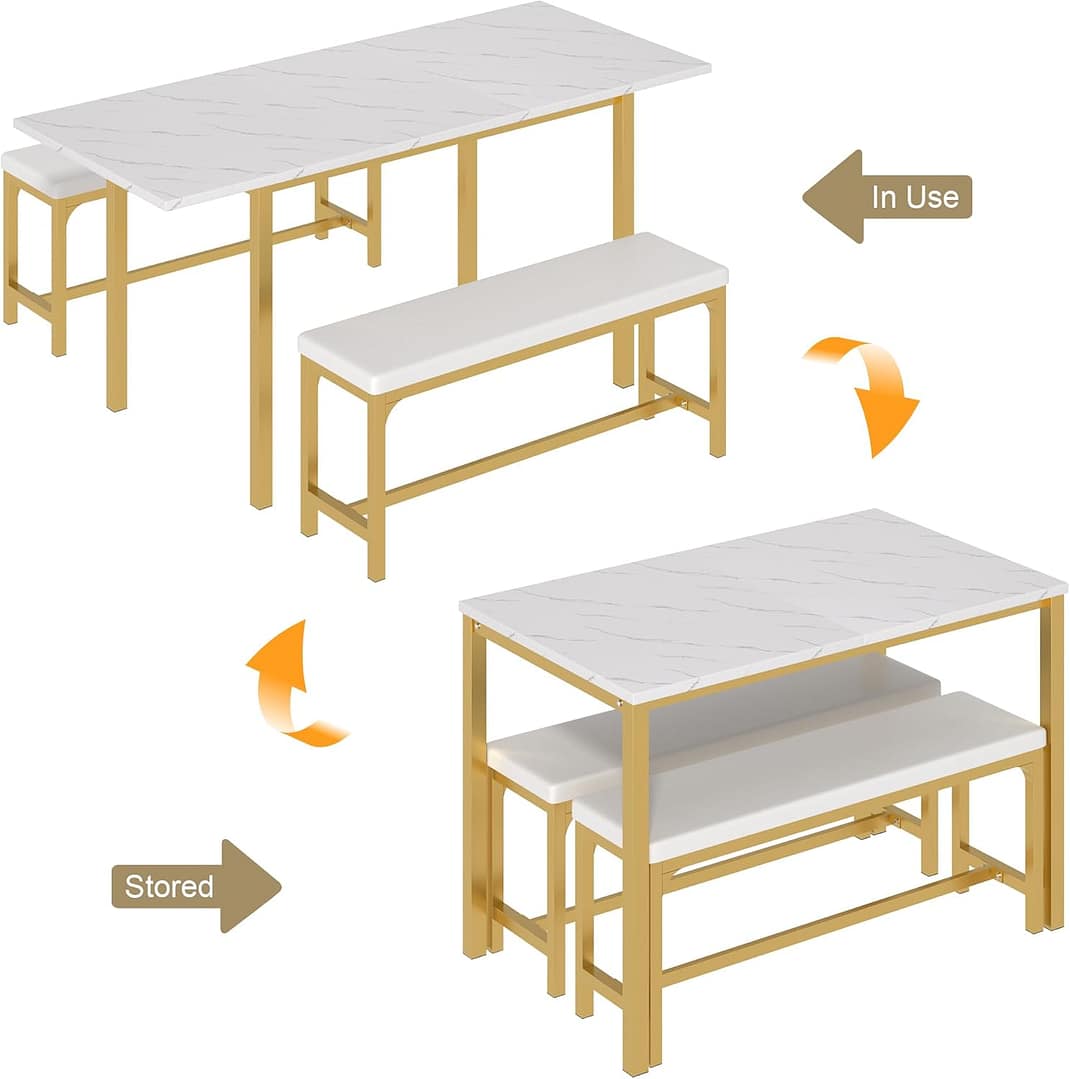 VECELO 3-Piece 63″ Extendable Kitchen Table with Benches/Chairs, Modern Breakfast Dinette/Dining Room Set for 4/6/2, Small Space Saving Design, Easy Assembly