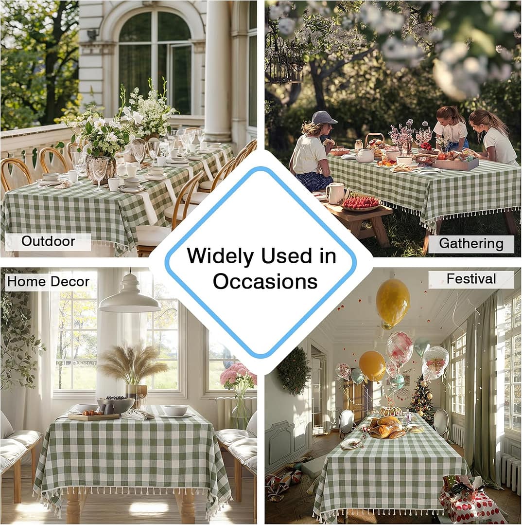 Checkered Tablecloth Rectangle Cotton Linen Fabric Gingham Table Cloth Buffalo Plaid Table Cover with Tassel Wrinkle Free Washable for Kitchen Dining Picnic, Green and White, 55X106”