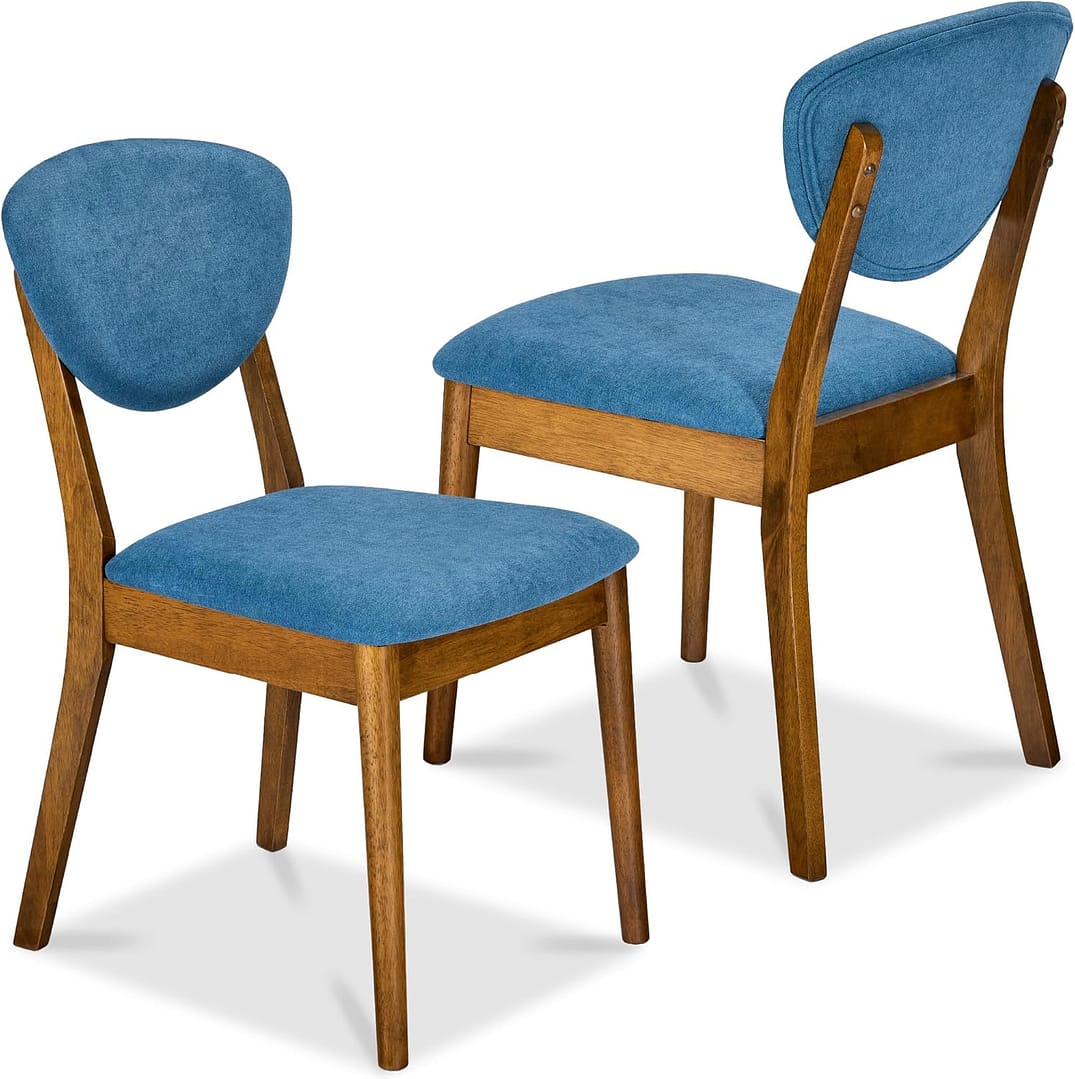 Best Choice Products Dining Chairs Set of 2, Mid-Century Modern Upholstered Wood, Armless w/Seat Cushion, Padded Backrest - Walnut/Ocean Blue