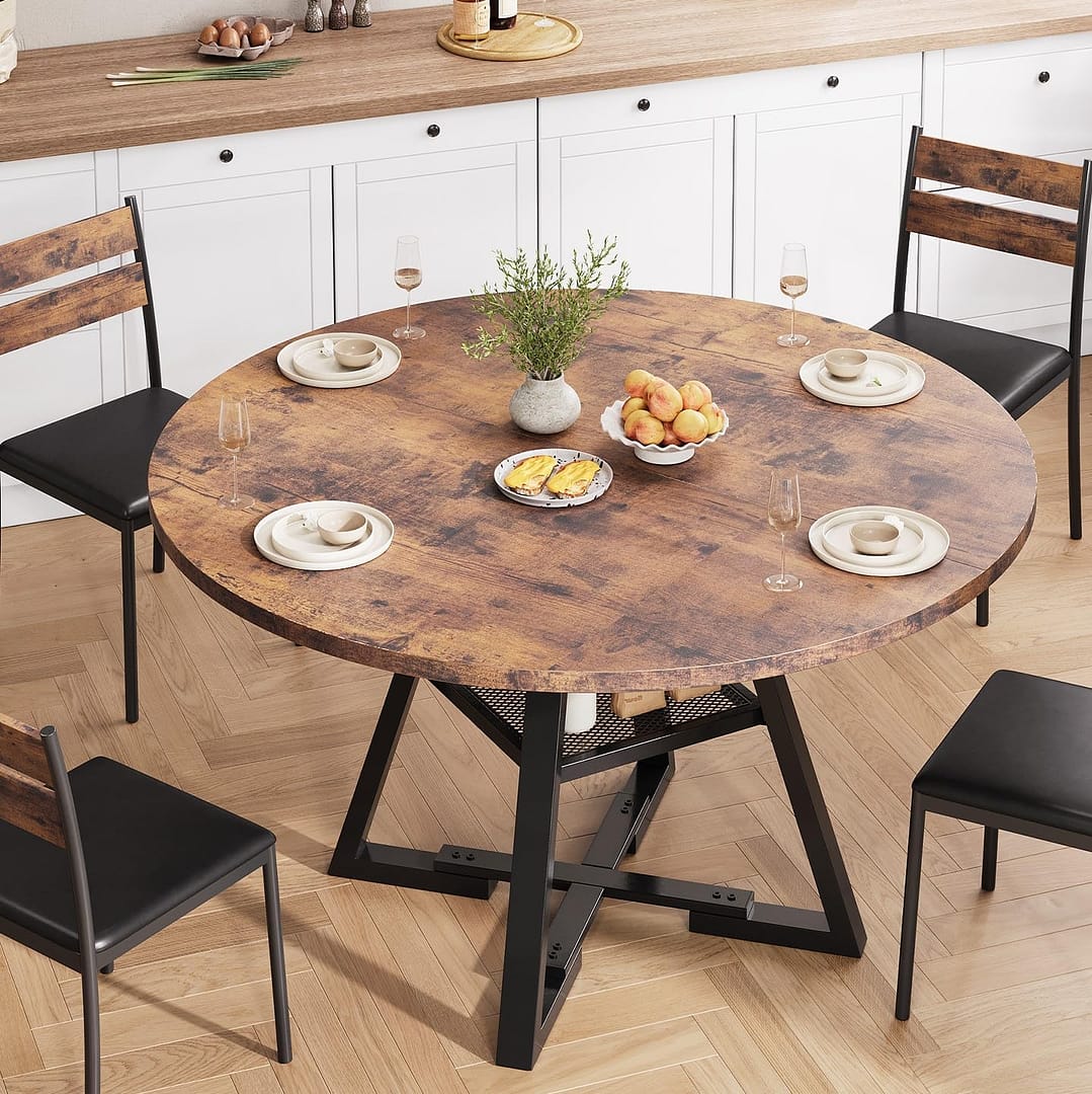 Round Dining Table for 4,Kitchen Dining Room Circle Dinner Pedestal Table,Space Saving Wood Kitchen & Dining Room Furniture (Vintage, 42In)
