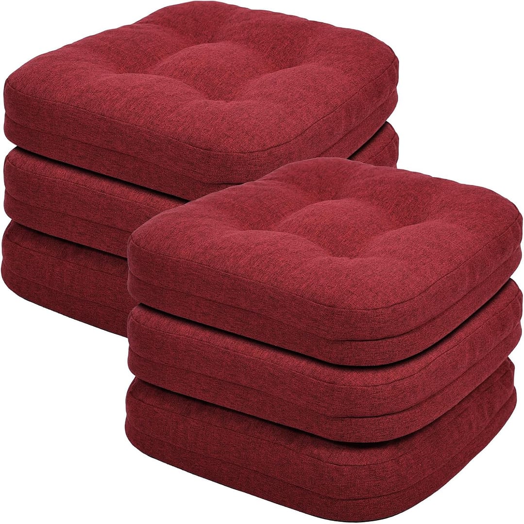 baibu Set of 6 Dining Chair Cushions, Dual-Layer Patent Design Memory Foam Kitchen Chair Cushions, Non-Slip Seat Pads with Ties, 16.5 x 16.5 x 3.5in, 6 Pack, Red