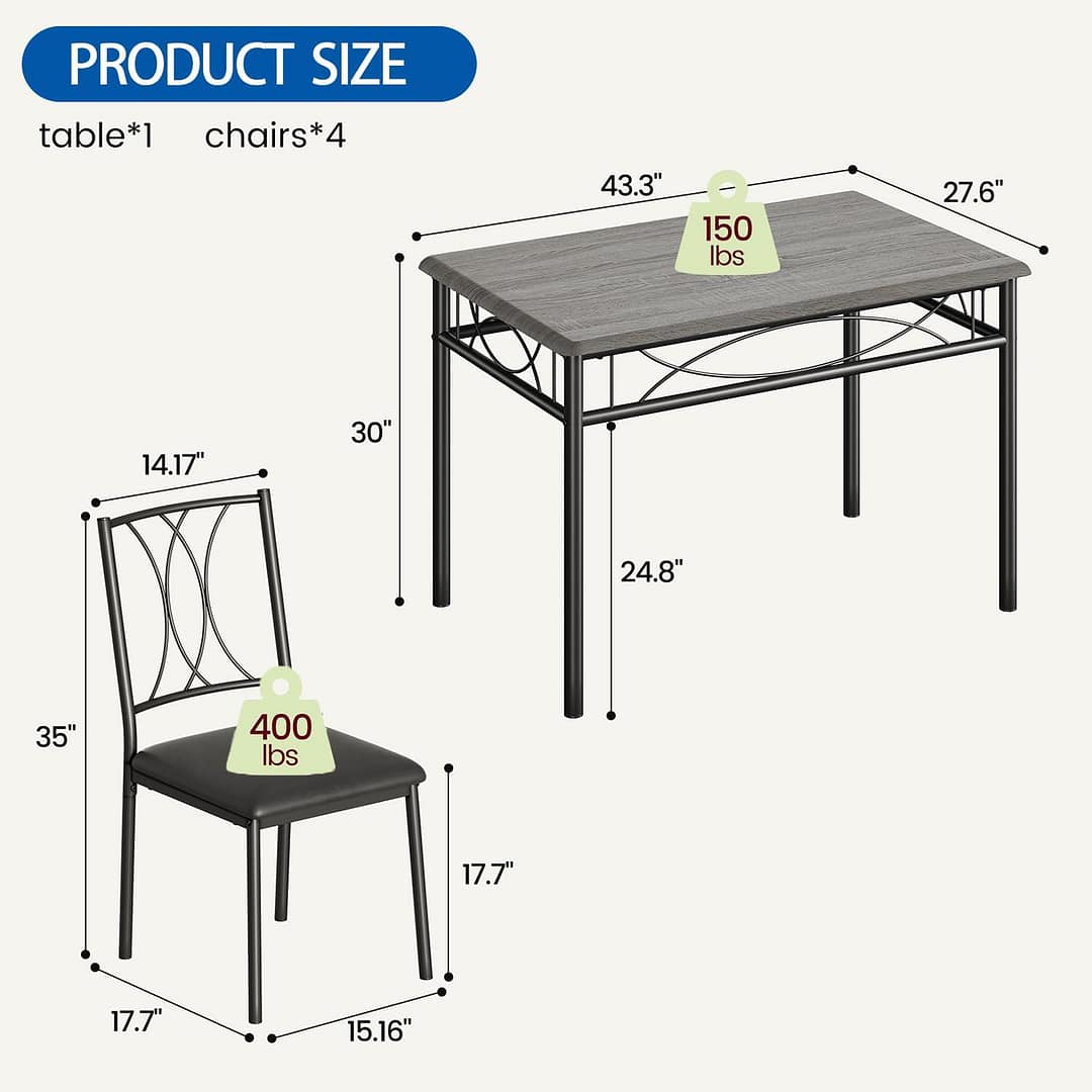 IDEALHOUSE Dining Table Set for 4, Kitchen Table and Chairs Set for 4, Rectangular Kitchen Table Set, 5 Piece Small Dining Table Set with Upholstered Chairs for Apartment, Small Space, Retro Gray