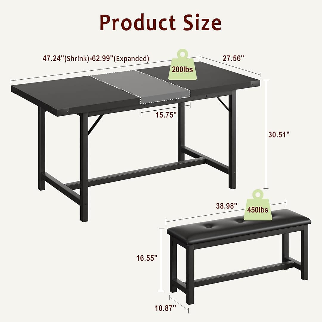 IDEALHOUSE Dining Table Set for 4-6, 63″ Extendable Kitchen Table with 2 Upholstered Bench Set for 6, Metal Frame Rectangle Small Kitchen Table Set for 4 for Apartment, Space Save, Retro Black