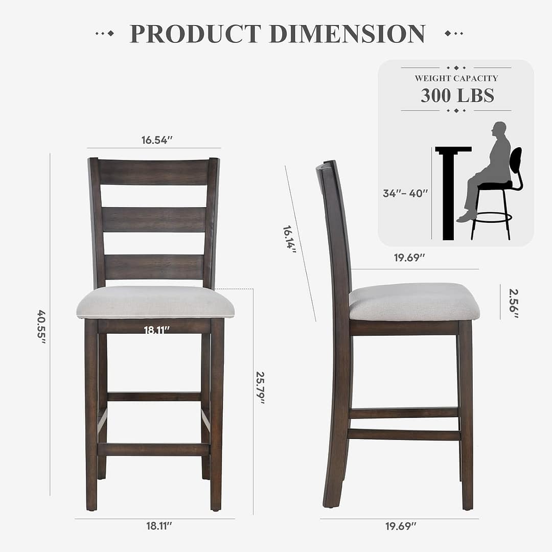 COLAMY Modern Counter Height Bar Stools Set of 2, 25 Inch Wood Kitchen Island Barstools with Ladder Back, Upholstered Fabric Bar Chairs with Wooden Legs for Dining Room Bar Shop, Brown Black