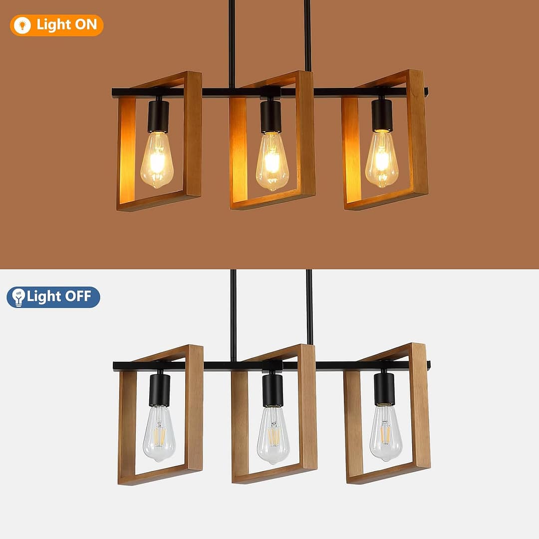 9MMML 3 Lights Kitchen Island Lighting, Black 3 Lights Dining Room Chandelier,Wood Frame Pendant Light for Living Room Foyer Entryway Hallway,E26