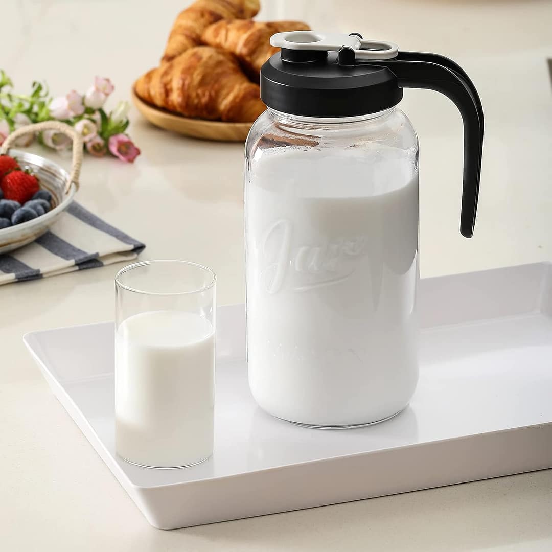 AOZITA 64 oz Glass Pitcher with Lid – 2 Quart Mason Jar Pitcher with Filter Lid, Wide Mouth Jar Leak-proof Water Jug, Heavy Duty Glass Container for Water, Juice, Milk, Tea, Iced Coffee, and Drinks
