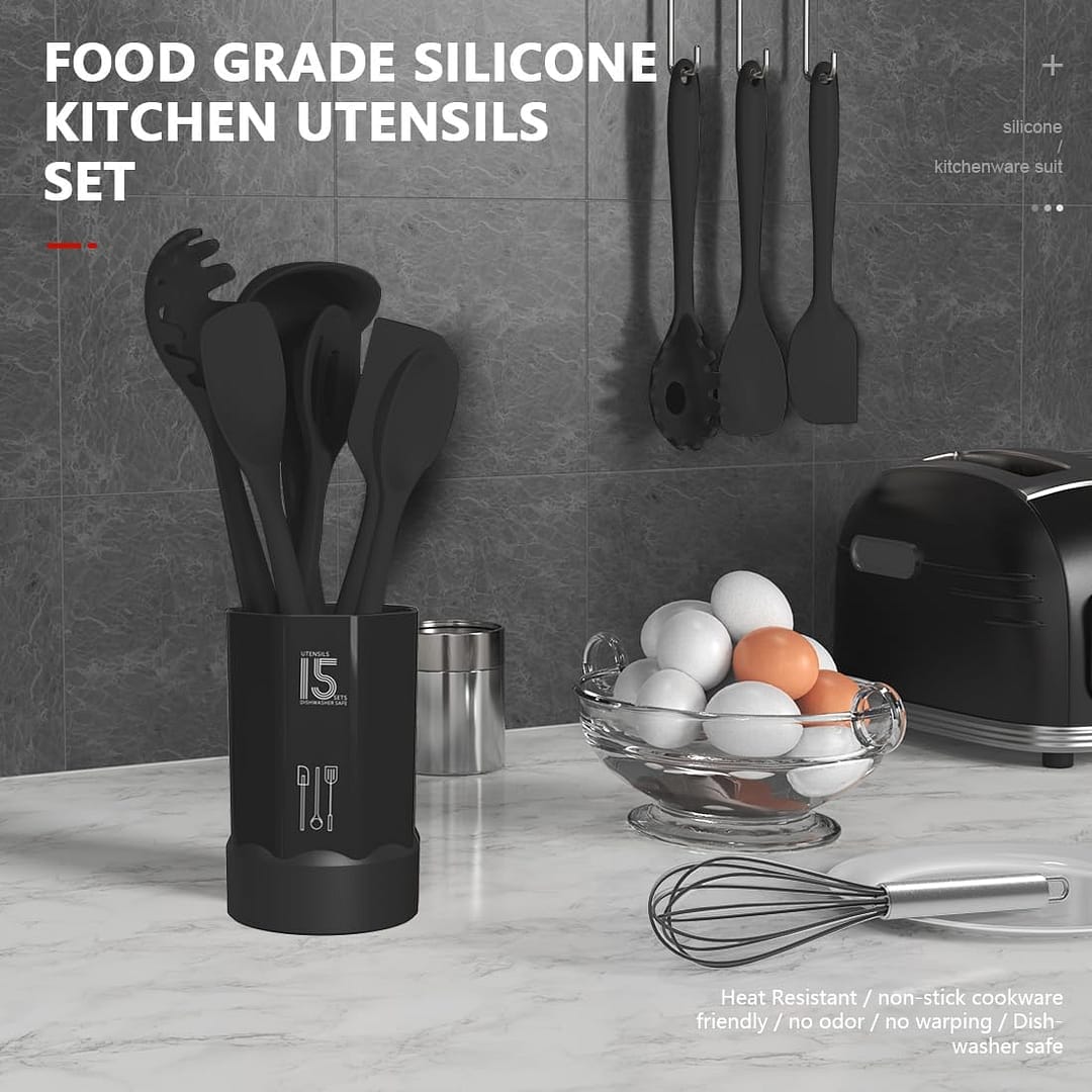 Silicone Cooking Utensils Set – 446F Heat Resistant Kitchen Utensils,Turner Tongs,Spatula,Spoon,Brush,Whisk,Kitchen Utensil Gadgets Tools Set for Nonstick Cookware,Dishwasher Safe (BPA Free)