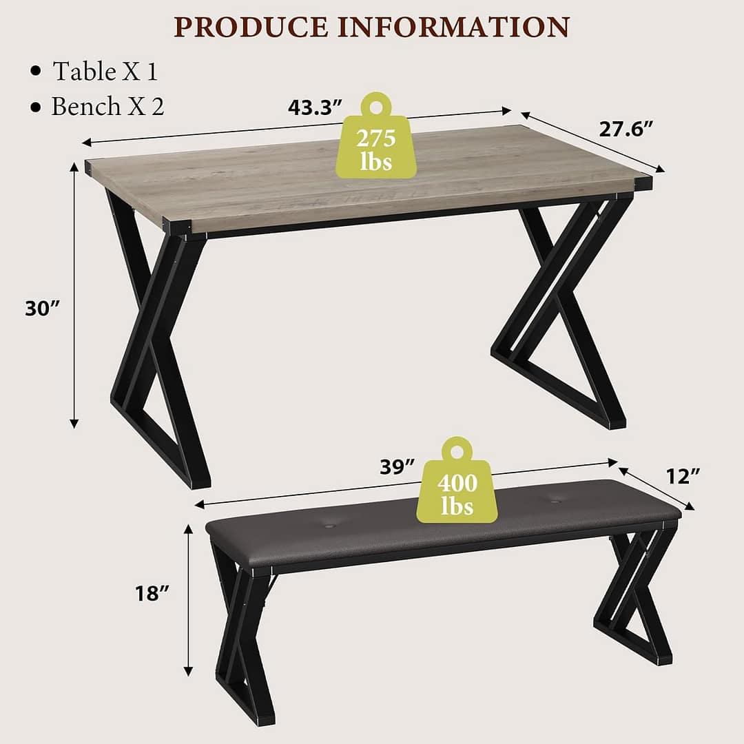 GAOMON Dining Table with 2 Benches, Kitchen Table Set for 4, 3 Piece Dining Table Set for Small Space, Apartment, Saving Space for Kitchen, Dining Room (1.18” Inch Cusion)