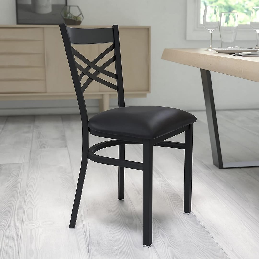 Flash Furniture Hercules Series “X” Back Metal Restaurant Chairs, Modern Upholstered Armless Dining Chairs for Restaurants/Kitchens, Set of 2, Black