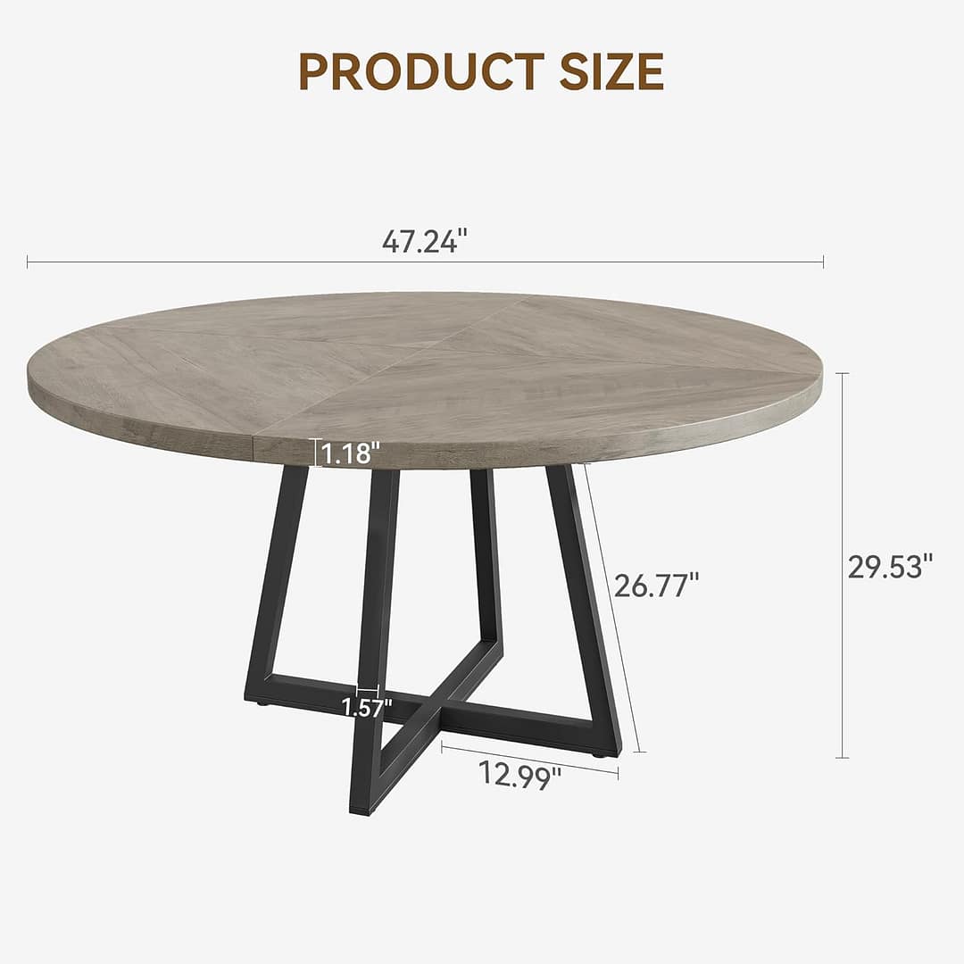 47-inch Round Dining Table, Wooden Kitchen Table for 4, Industrial Dinner Table with Wooden Top and Metal Base for Home Dining Room or Living Room – Grey(NO Chairs)