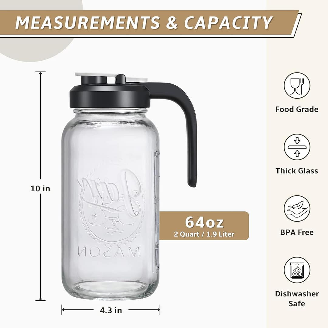 AOZITA 64 oz Glass Pitcher with Lid – 2 Quart Mason Jar Pitcher with Filter Lid, Wide Mouth Jar Leak-proof Water Jug, Heavy Duty Glass Container for Water, Juice, Milk, Tea, Iced Coffee, and Drinks