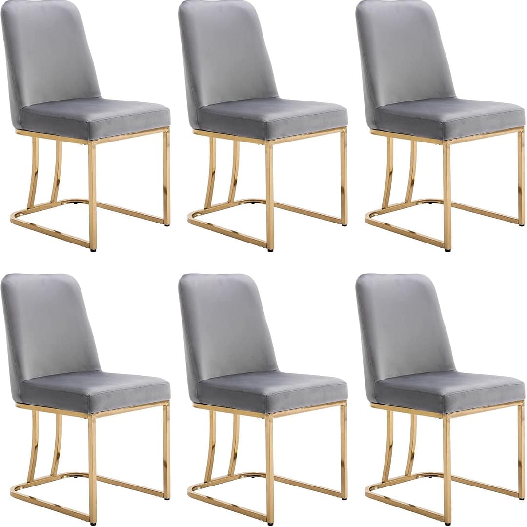Modern Dining Chairs Set of 6, Velvet Upholstered Mid-Century Side Kitchen Chairs, Armless Chair with Gold Legs Dining Living Room Chairs, Gray