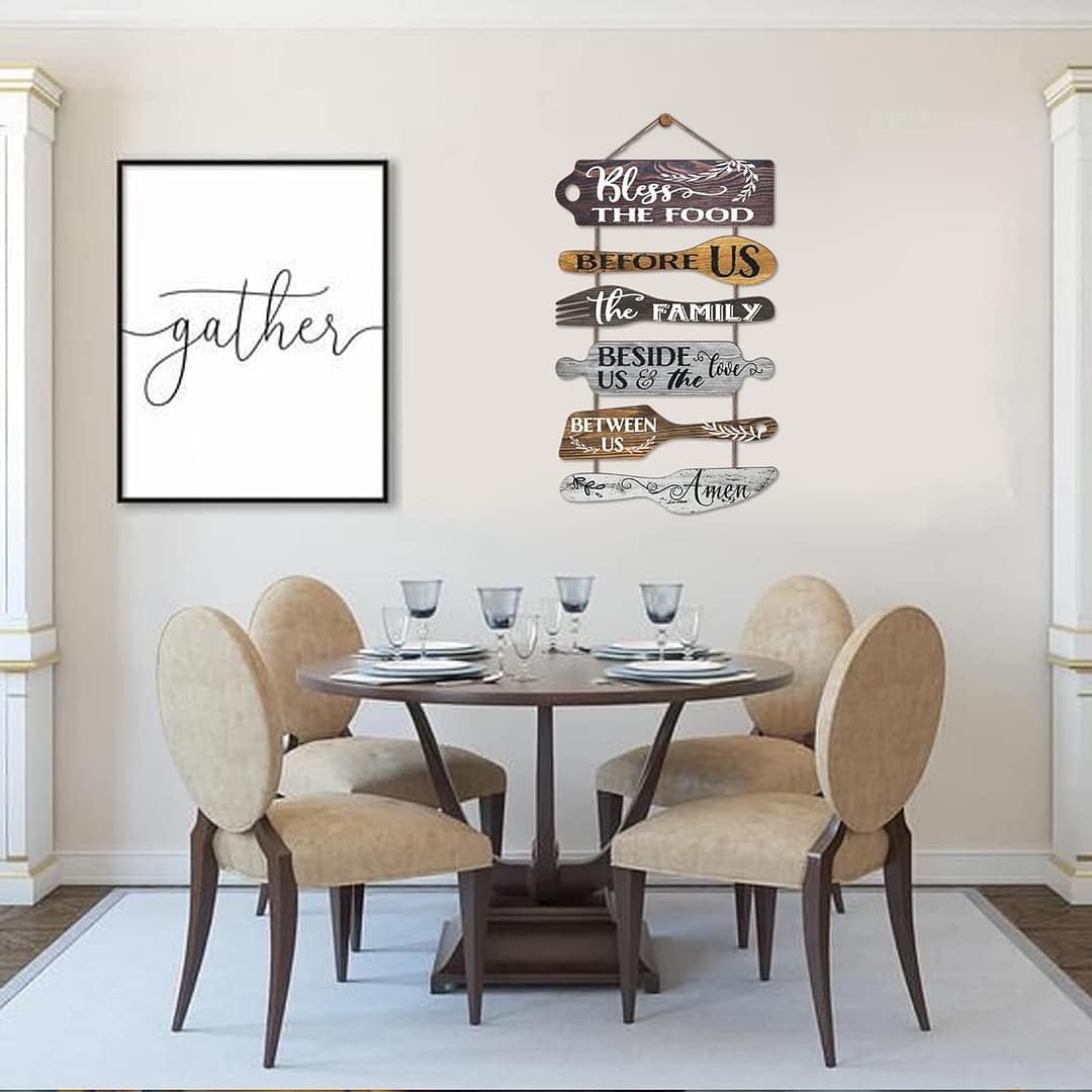 Bless the Food Before Us Farmhouse Kitchen Wall Decor – Dining Room Decorations Collage Wall Art in Neutral Grey Color – Wooden Rustic 6pcs Roped Sign 25×14 Inches Vertical