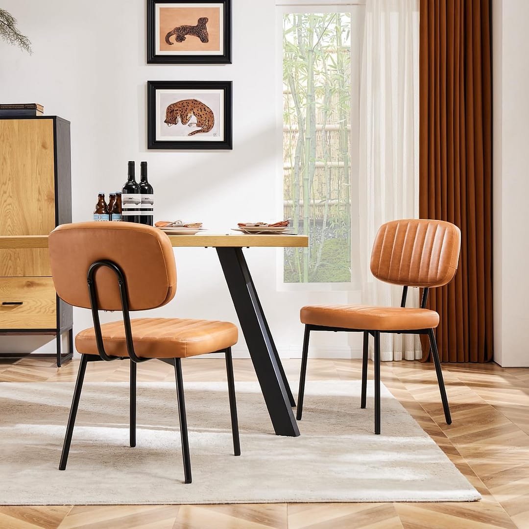 Sweetcrispy Dining Chairs Set of 2, Upholstered Mid Century Modern Kitchen Dining Room Accent Chairs with Faux Leather Cushion Seat & Metal Legs for Kitchen, Living Room – Brown