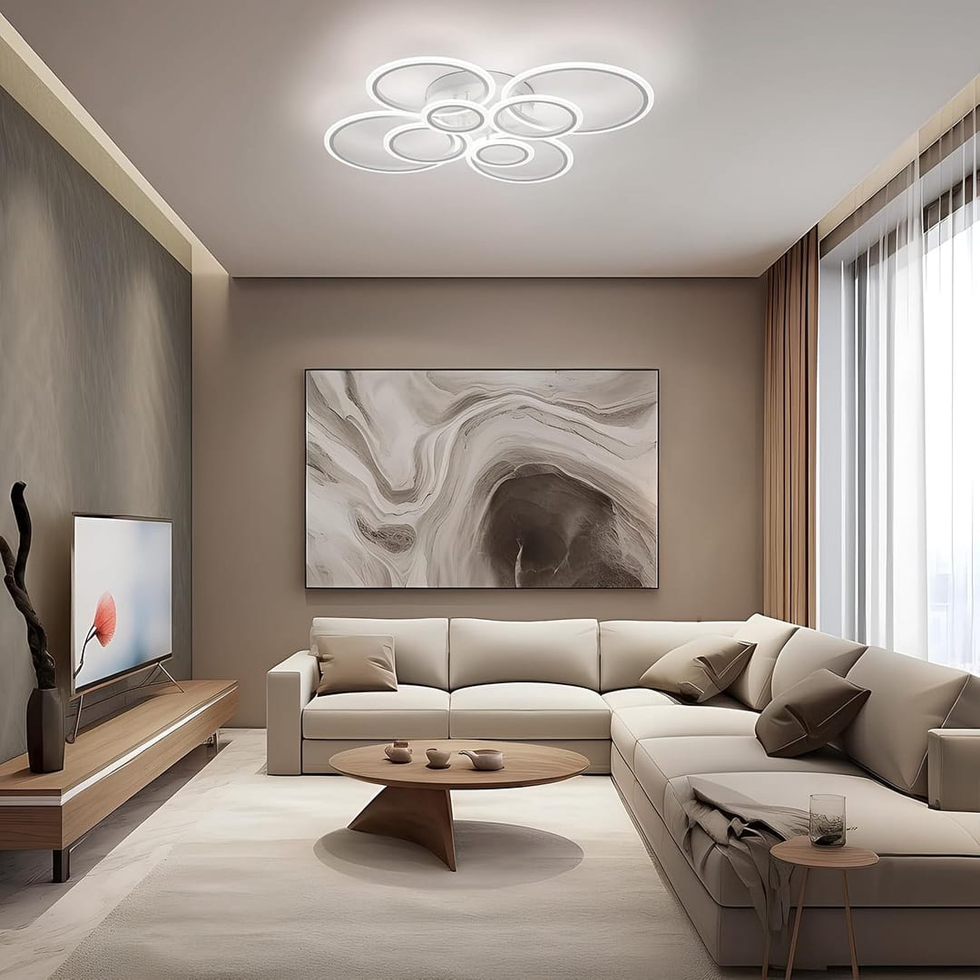 Modern LED Ceiling Light, White 8 Rings Flush Mount Ceiling Light, 4000K Lighting Fixture Ceiling Lamp for Kitchen, Bedroom, Living Room, Dining Room