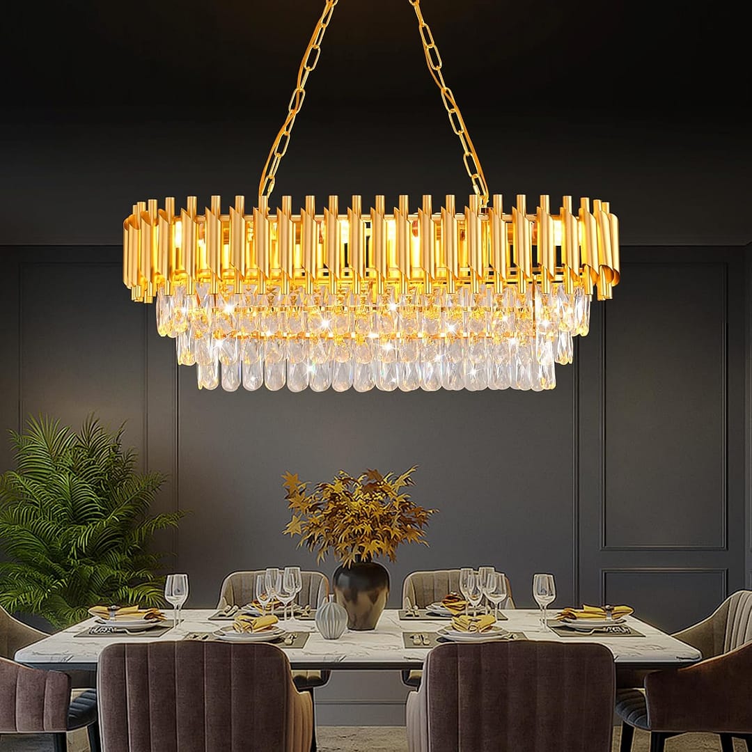 Modern Crystal Chandeliers for Dining Room 8-Light Rectangular Gold Crystal Chandelier Living Room Oval Contemporary Linear Pendant Light Fixture for Kitchen Island Bar Restaurant L32