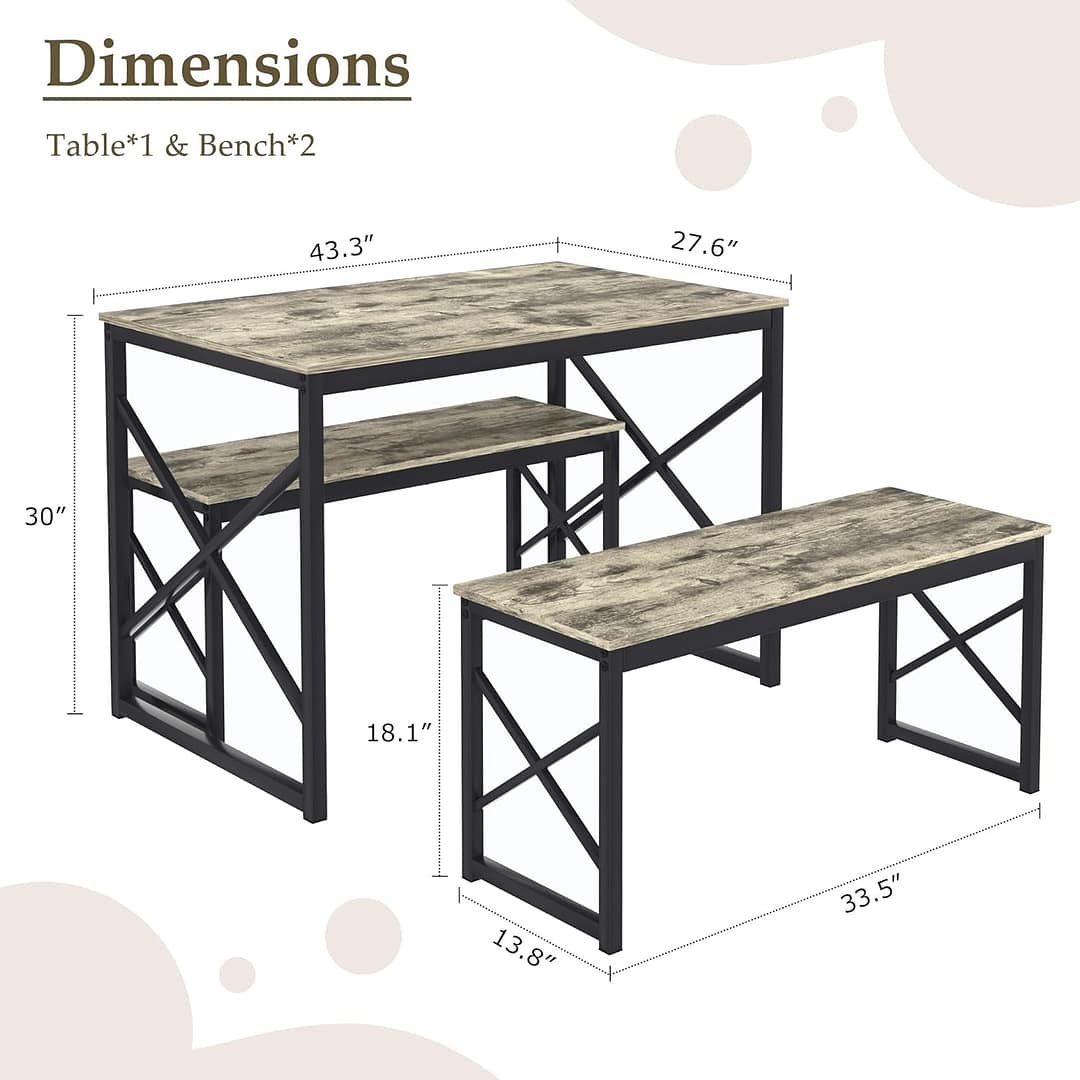 VECELO Kitchen Dining Table Set for 4, 43.3″ Wood Rectangle Dinette with 2 Benches, Heavy-Duty Metal Frame for Small Space, Breakfast Nook, Grey