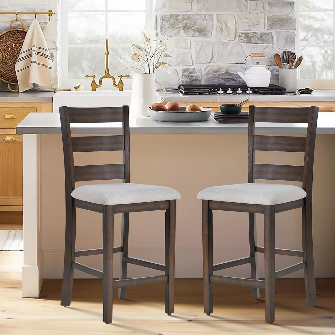 COLAMY Modern Counter Height Bar Stools Set of 2, 25 Inch Wood Kitchen Island Barstools with Ladder Back, Upholstered Fabric Bar Chairs with Wooden Legs for Dining Room Bar Shop, Brown Black