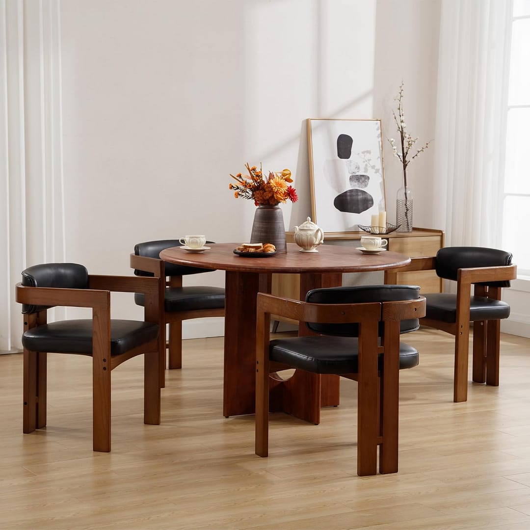 Farmhouse Dining Chairs Set of 4 Upholstered Kitchen Chair Wood Barrel Side Chair, Faux Leather Accent Chair with Arm for Dining/Living Room/Bedroom/Restaurant, Black