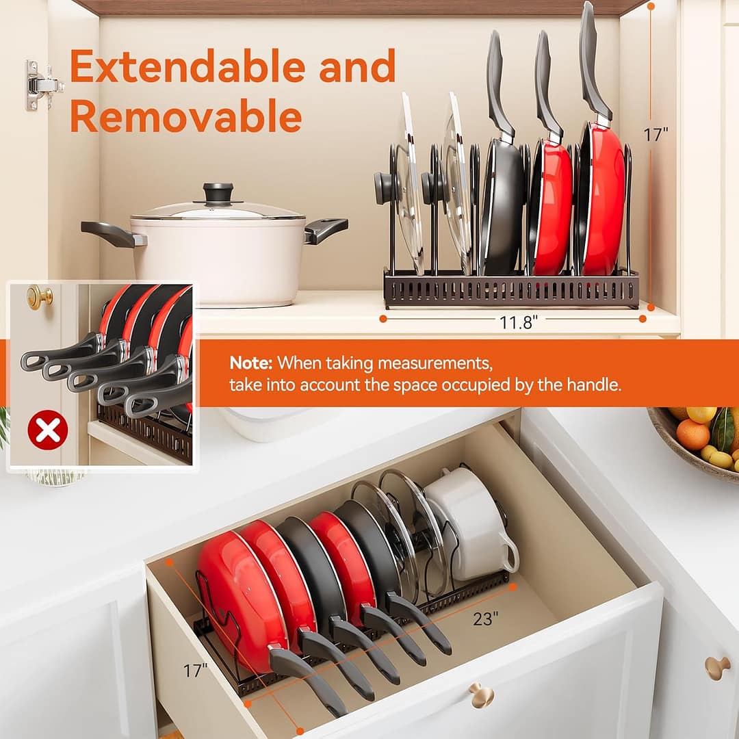 ROOHUA Pot Rack -Expandable Pan Organizer for Cabinet,Pot Lid Holder with 10 Adjustable Compartment for Kitchen Cabinet Cookware Baking Frying Rack,Bronze