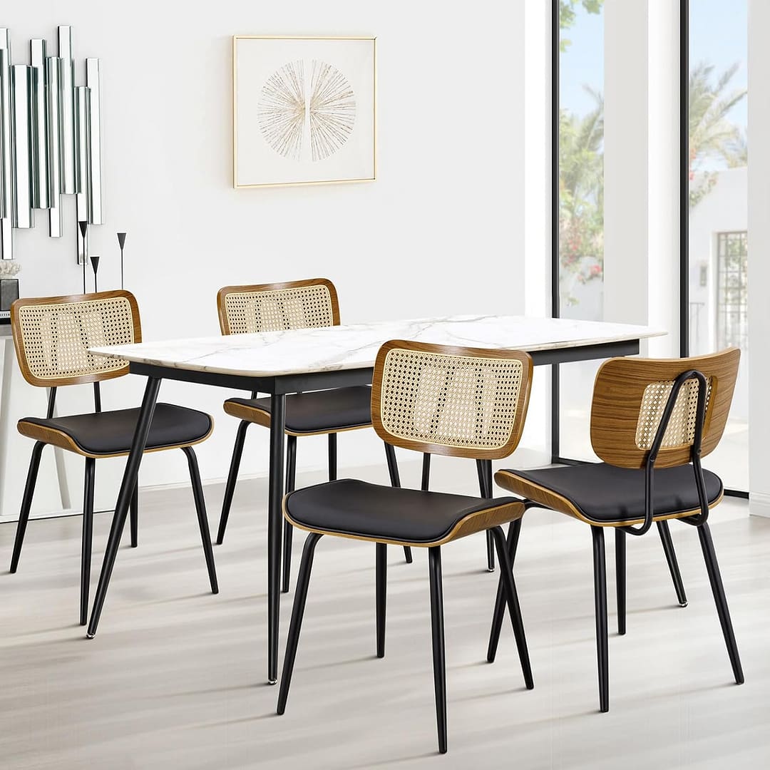 Black Dining Chairs Set of 4, Faux Leather Dining Chairs with Rattan Back, Mid Century Dining Room Chairs with Metal Legs, Modern Upholstered Armless Kitchen Side Chairs for Dinner