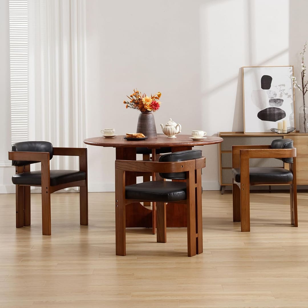 Farmhouse Dining Chairs Set of 4 Upholstered Kitchen Chair Wood Barrel Side Chair, Faux Leather Accent Chair with Arm for Dining/Living Room/Bedroom/Restaurant, Black