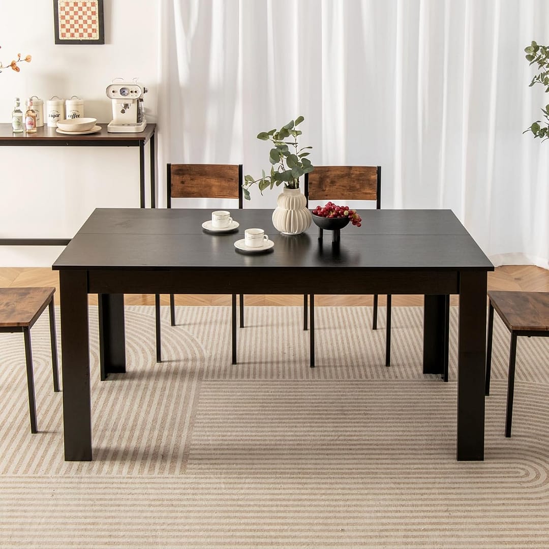 Giantex Dining Table for 6, Wood Rectangular Table, 63″ L x 31.5″ W x 30″ H Large Farmhouse Center Table, Home Furniture Kitchen Table, Modern Dining Room Table, Supporting for 330LBS, Black