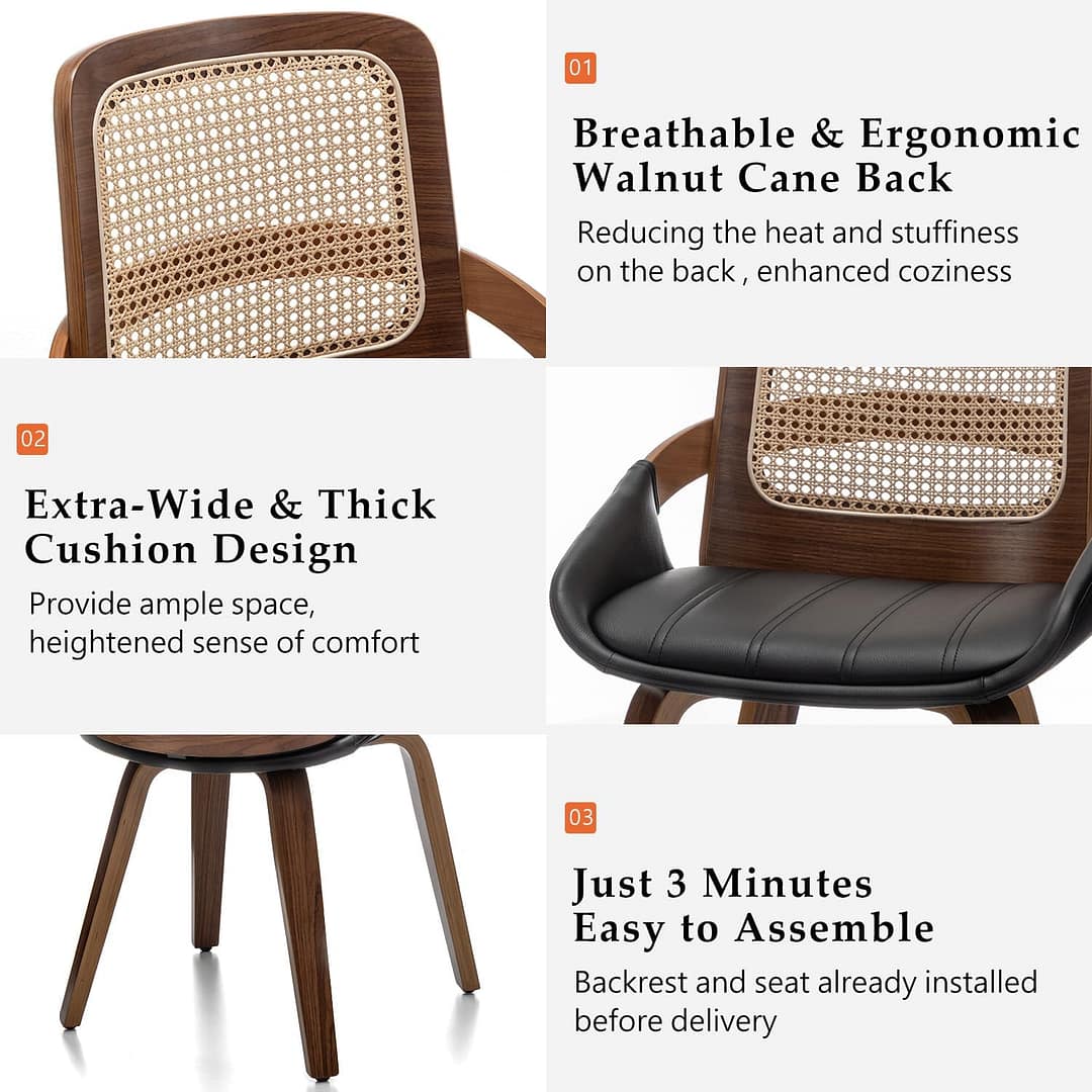 Set of 4 Black Rattan Dining chair – Mid Century Modern Dining Chair with Ergonomic Cane Back, Bentwood Frame, Faux Leather Seat, Arms, Walnut Dining Chairs for Living Room/Kitchen (Walnut Black)