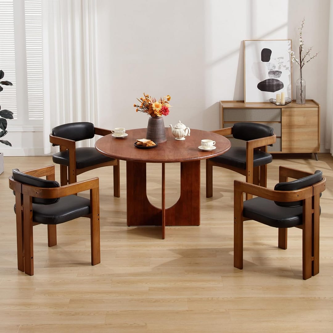Farmhouse Dining Chairs Set of 4 Upholstered Kitchen Chair Wood Barrel Side Chair, Faux Leather Accent Chair with Arm for Dining/Living Room/Bedroom/Restaurant, Black