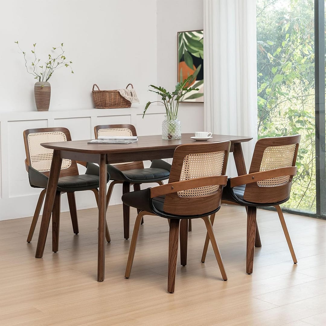 Set of 4 Black Rattan Dining chair – Mid Century Modern Dining Chair with Ergonomic Cane Back, Bentwood Frame, Faux Leather Seat, Arms, Walnut Dining Chairs for Living Room/Kitchen (Walnut Black)