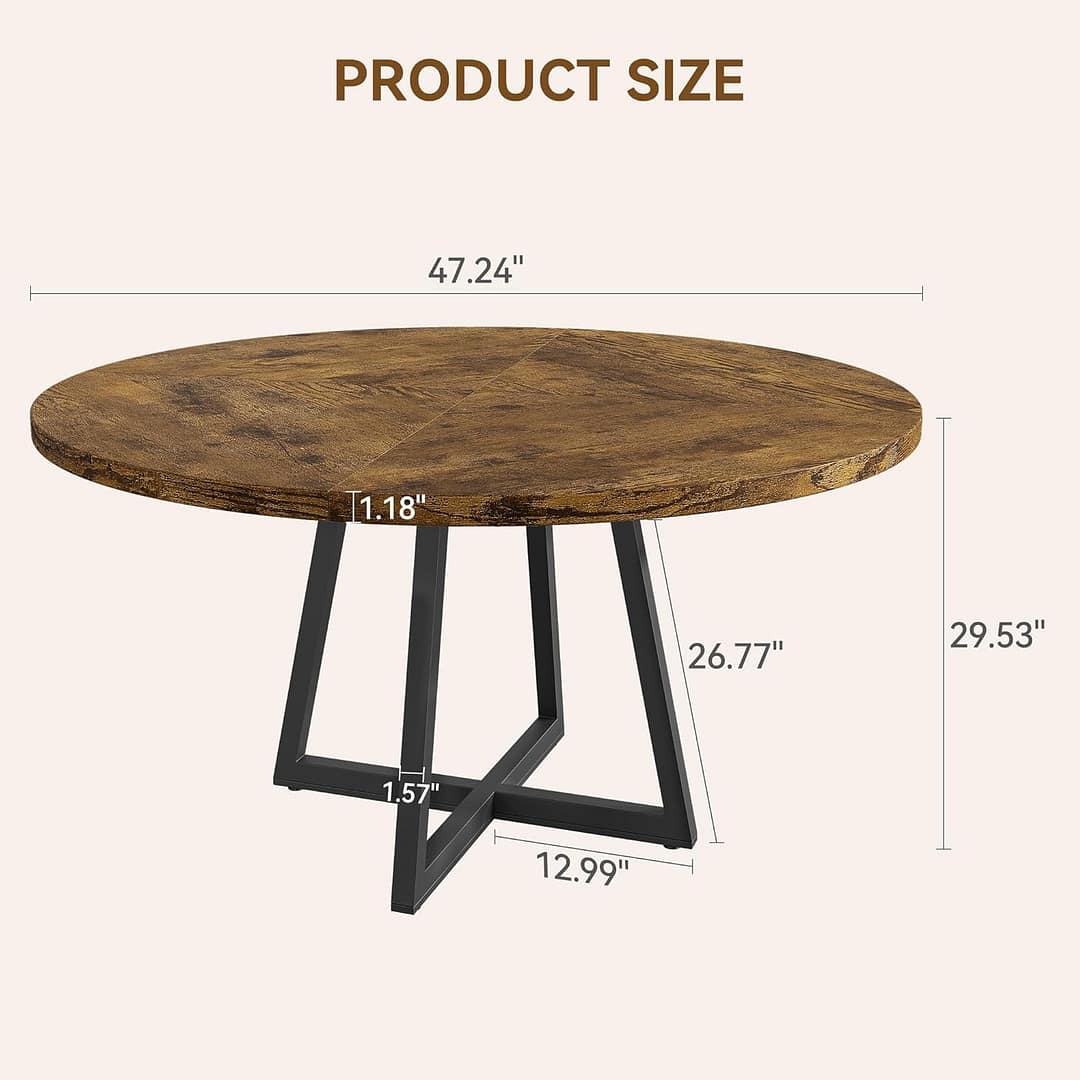 GAOMON Round Dining Table, 47 Inch Round Dinner Table for 4, Industrial Kitchen Table with Wooden Top and Metal Base for Home Dining Room or Living Room – Rustic Brown(Only Table)