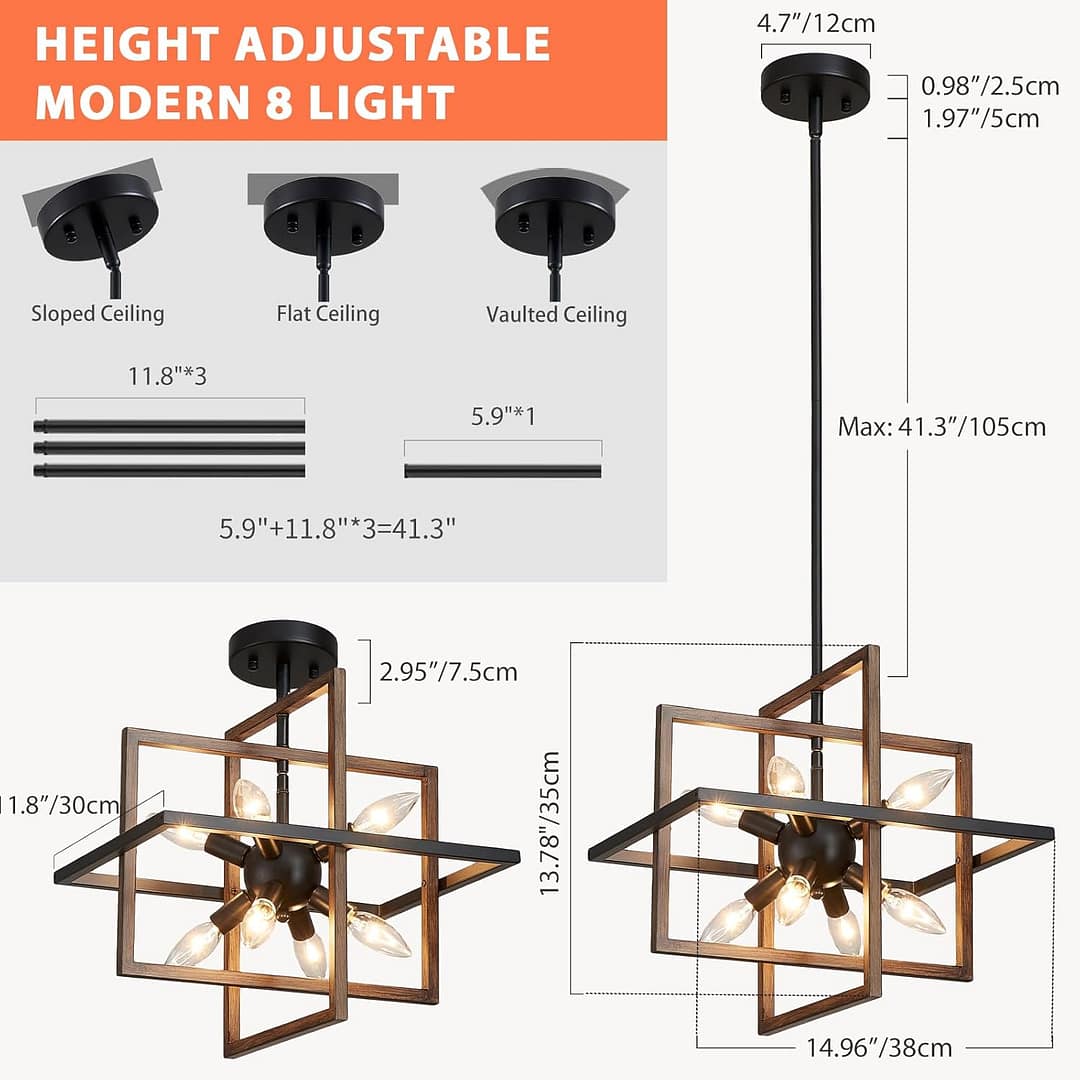 Geometric Pendant Light Farmhouse Chandelier for Dining Room 8 Lights Modern Rustic Ceiling Light Fixture for Kitchen Island Living Room Bedroom Hallway