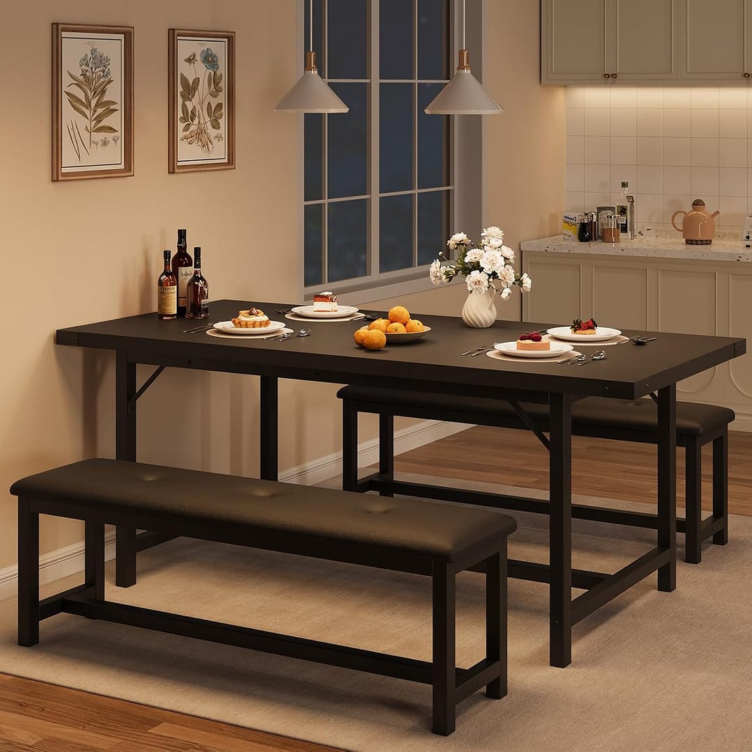 IDEALHOUSE Dining Table Set for 4-6, 63" Extendable Kitchen Table with 2 Upholstered Bench Set for 6, Metal Frame Rectangle Small Kitchen Table Set for 4 for Apartment, Space Save, Retro Black