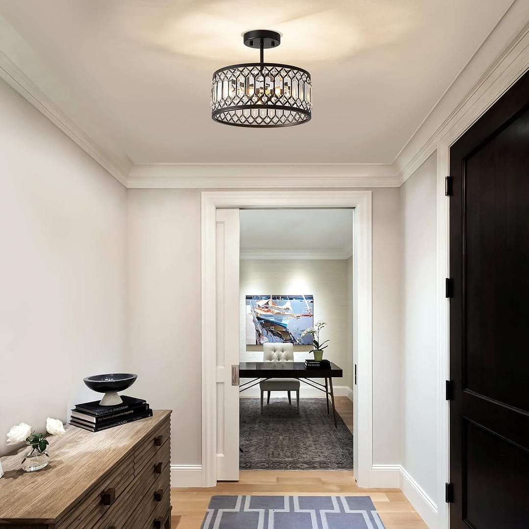 Crystal Black Ceiling Light, Modern Semi Flush Mount Ceiling Lighting Fixture, Round Hallway Lighting Fixtures Chandelier for Kitchen Entryway Bedroom Dining Room, 3-Light, 12.2 Inch